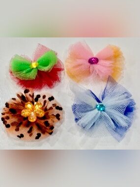 Set of Four Tulle Flower Hair Accessories for Small Dog Breeds in Holiday Colors